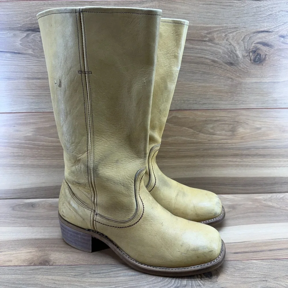 Vintage Campus Boots Banana Yellow Tan Leather Mens 10 D Stacked Heel Pull On